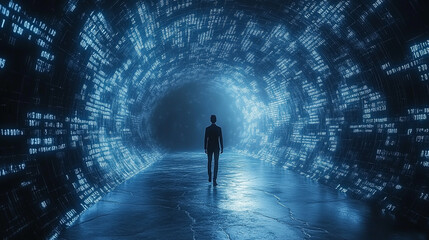 A dynamic data technology background showcasing big data visualization and the flow of information, symbolizing the interconnectedness of data, code, and digital transformation in a matrix-style desig