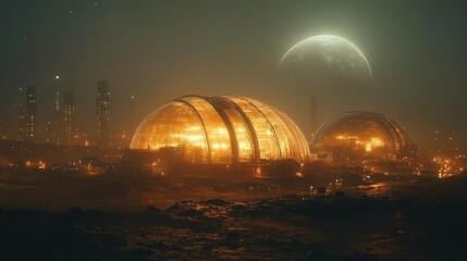 Obraz premium Illuminated Domes and Cityscape Underneath a Distant Moon