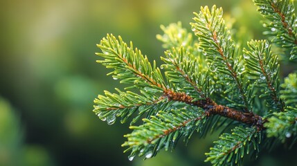 Whimsical close-up of juniper needles glistening with morning dew, highlighting delicate textures and colors.