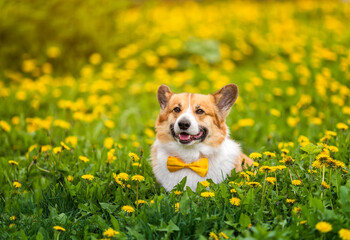 cute corgi dog in yellow bow tie sitting and smiling on flowering lawn among dandelion flowers on summer sunny day
