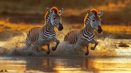 Fototapeta premium Two zebras run fast through golden water at sunset. Splash water, gallop across river. Wildlife scene in Africa. Safari adventure. Amazing animal action. Golden hour light. Beautiful nature. Stunning
