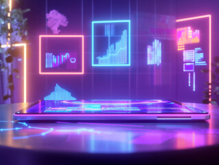 glowing digital tablet displays vibrant data visualizations in neon colors, creating futuristic atmosphere
