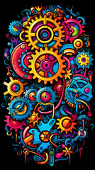 An abstract design of colorful gears and cogs interconnected, forming a vibrant brain shape, representing innovation and creative thinking.