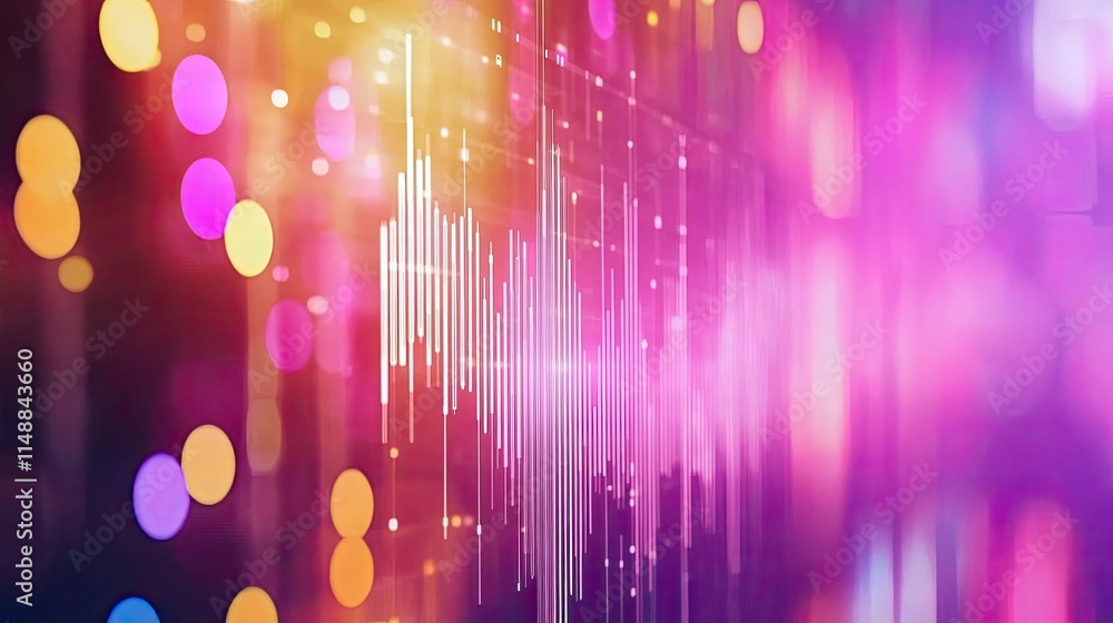 Poster abstract digital sound wave representation with colorful bokeh lights, creating a vibrant background