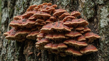 Vibrant reishi mushrooms growing in layers on tree trunk