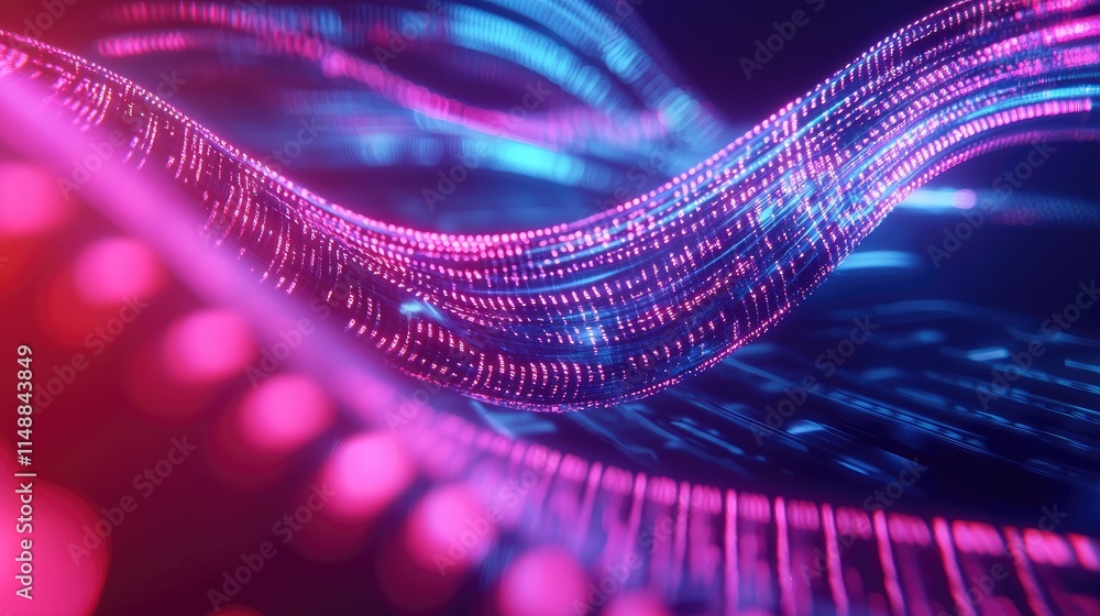 Poster abstract wave pattern with vibrant blue and pink glowing lines creating a sense of depth and motion,