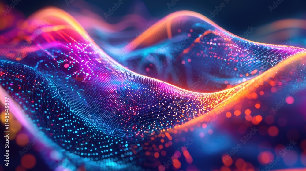 Poster abstract colorful waves of light with glowing particles in a vibrant digital landscape showcasing a 