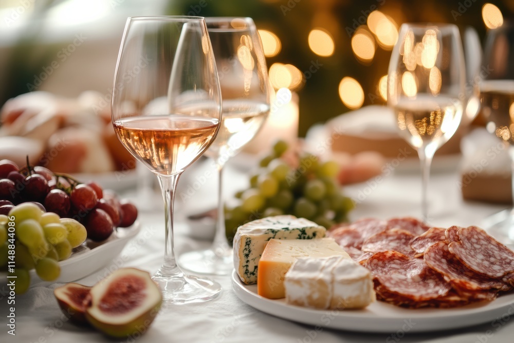 Poster elegant wine and cheese tasting set amid soft lighting with fresh fruits ready for a delightful gath