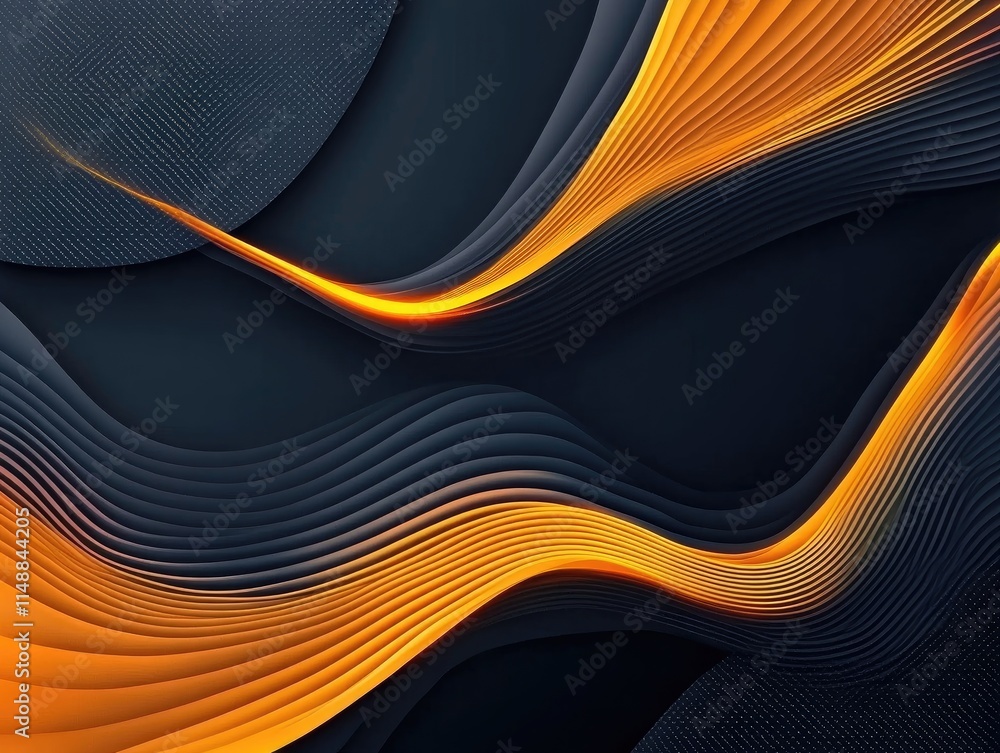 Poster abstract wave pattern in dark background with flowing orange and black curves, modern digital art de