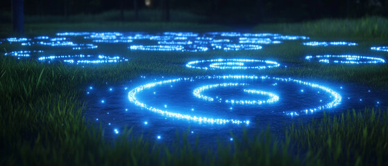 Fototapeta premium glowing blue spiral pattern on grassy field at night creates magical atmosphere