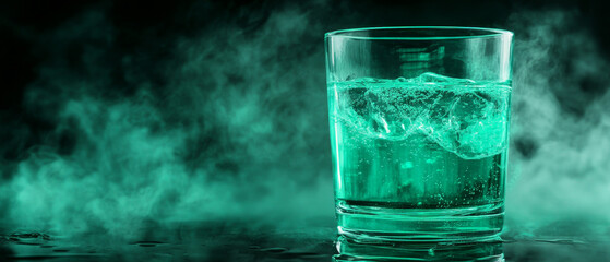 glowing glass of water with ice cubes surrounded by misty vapor