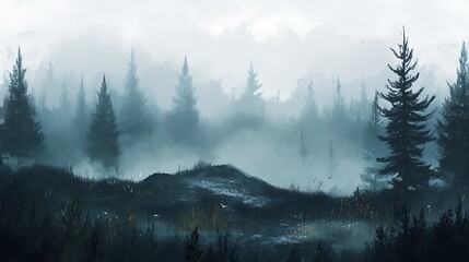 Misty forest landscape with tall evergreen trees and a grassy foreground.