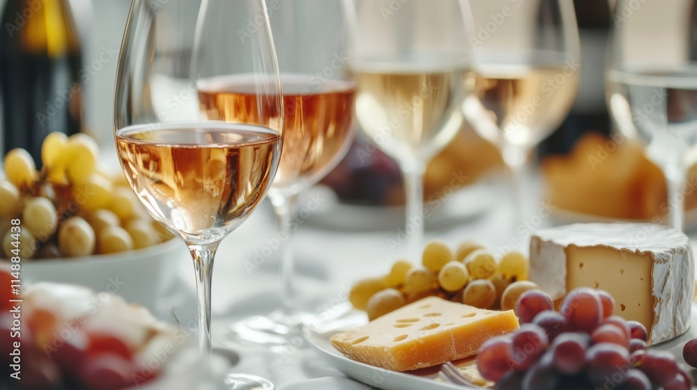 Poster Elegant table setup featuring wine glasses and a cheese platter with fresh grapes for a delightful gathering. Generative AI