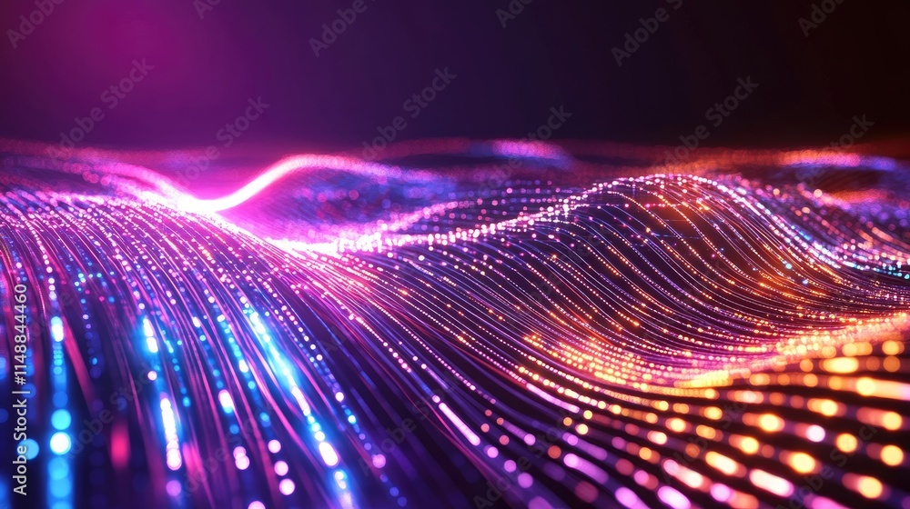 Poster abstract colorful wave of glowing lights and particles flowing in a dark space, creating a mesmerizi