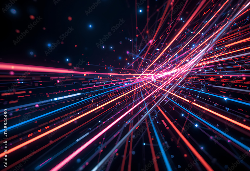 Poster neon lines with intersecting patterns, futuristic tech background design.