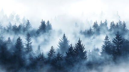Misty forest landscape with tall evergreen trees shrouded in fog. (1)