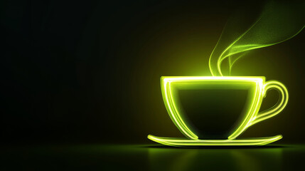 glowing green tea cup emits holographic steam in dark setting