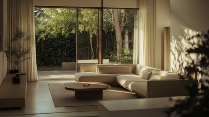 Fototapeta premium Modern minimalist living room with sleek, spacious decor. Featuring clean lines and neutral colors