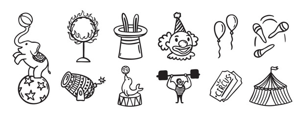 Circus doodle hand drawn icon set. Outline drawing circus line clipart symbol collection © Yanka