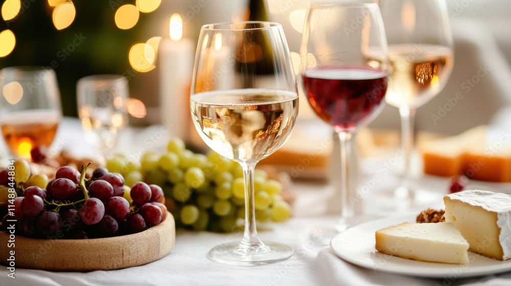 Poster elegant table setting with wine glasses, cheese, and grapes for a cozy evening gathering. generative