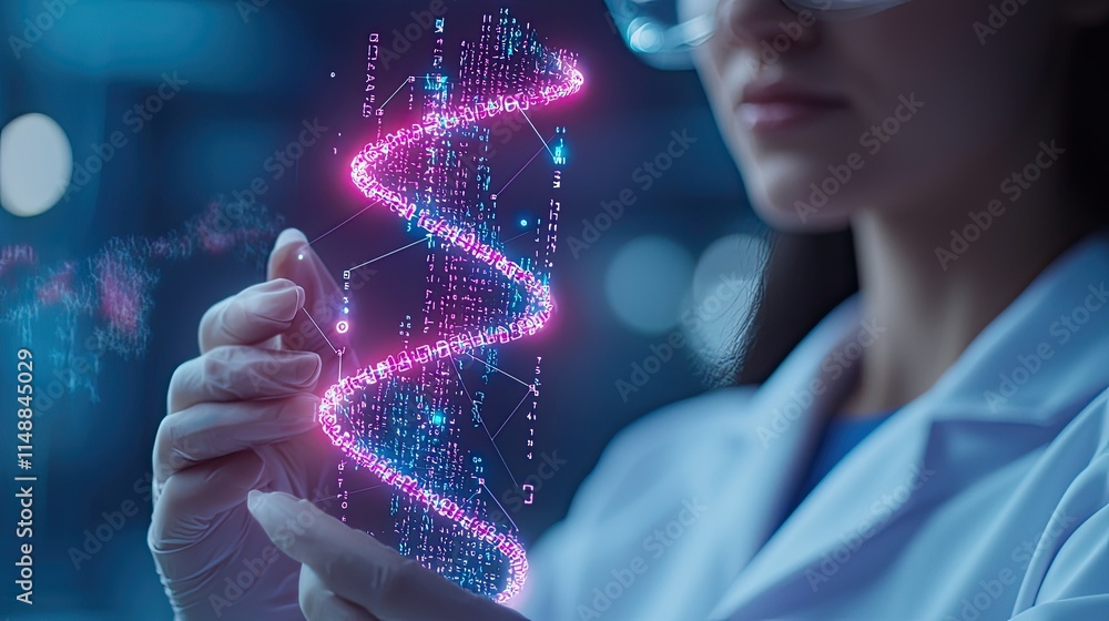 Poster scientist analyzing dna helix with digital visualization of genetic data in laboratory environment s