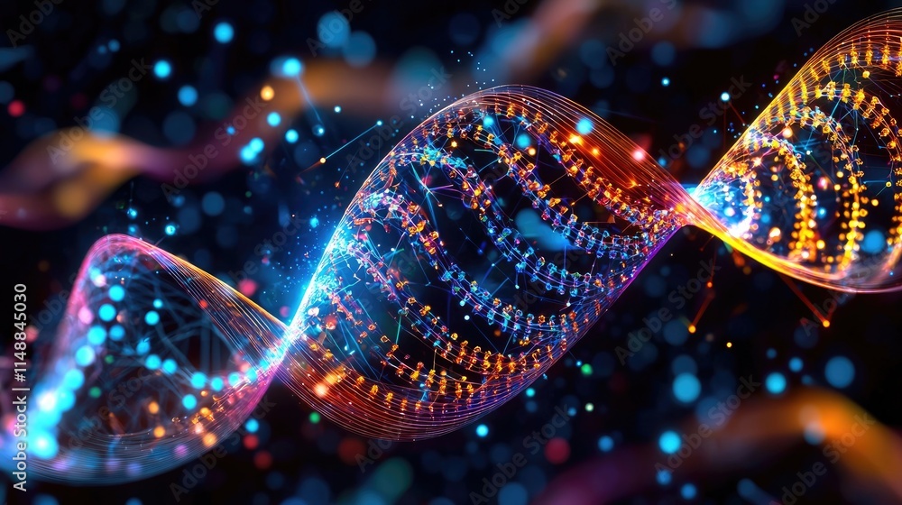 Poster colorful abstract representation of dna helix with glowing particles on dark background for science,