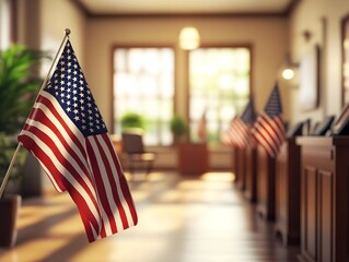 a detailed image of an interior with an american flag, election voting room like