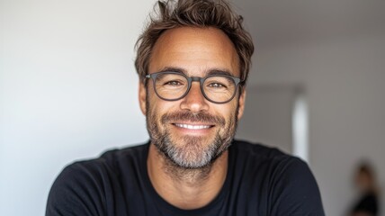 Obraz premium smile and productive concept. Smiling man with glasses and a beard, showcasing a casual and friendly demeanor.