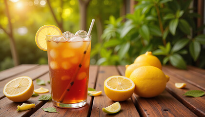 Fototapeta premium Refreshing iced lemon tea with ice cubes and lemon slices in a glass on a wooden table, fresh lemons and greenery in the background with copy space