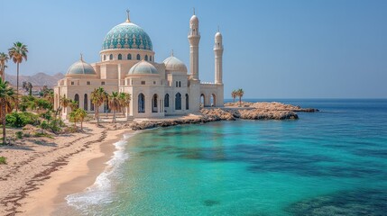 Naklejka premium Coastal mosque with turquoise dome, minarets, and sandy beach.