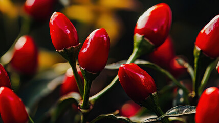 A macro shot of chili peppers with shiny red skin and contrasting green stems, showcasing their fiery intensity and vibrant color, perfect for culinary and food photography.