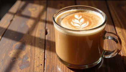 Creamy latte with beautiful latte art in a clear glass mug, sitting on a wooden table in warm sunlight with copy space