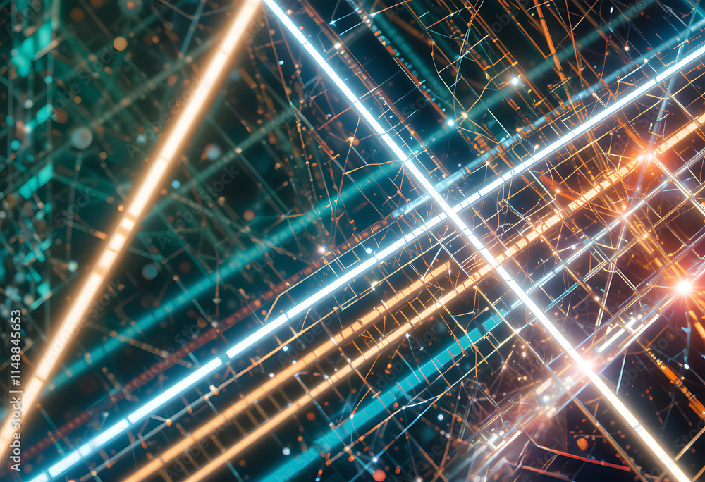 Poster neon lines with intersecting patterns, futuristic tech background design.