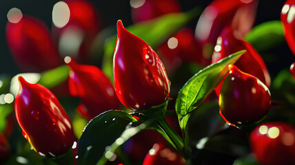 A macro shot of chili peppers with shiny red skin and contrasting green stems, showcasing their fiery intensity and vibrant color, perfect for culinary and food photography.