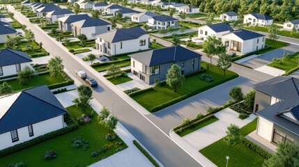 Fototapeta premium Aerial View of Modern Suburban Neighborhood with Contemporary Homes Surrounded by Lush Greenery, Well-Manicured Lawns, and Scenic Streets