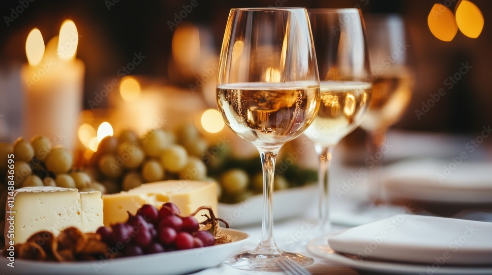 Poster Elegant table setting with wine glasses and cheese platter surrounded by grapes and candles for a special gathering. Generative AI