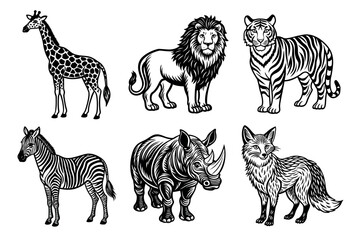 Obraz premium Set of Wildlife Animal Line Art Illustration
