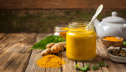 Golden turmeric paste sits in a glass jar with a spoon, accented by fresh turmeric roots and vibrant spices, creating a cozy feel reminiscent of early spring in February