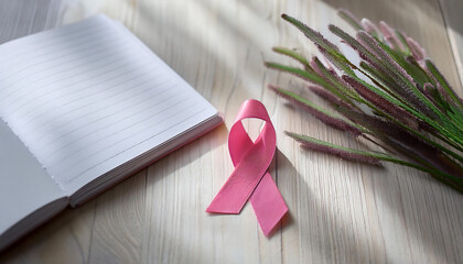 On a light wooden table, a neatly placed pink ribbon is paired with a blank notebook and soft spring blooms. This tranquil setting conveys a sense of calmness and renewal during February