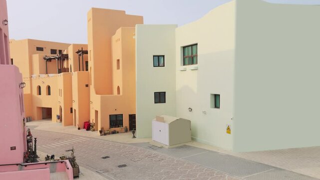 Colorful street houses port redevelopment at Mina district box park Corniche at old Doha port, Qatar