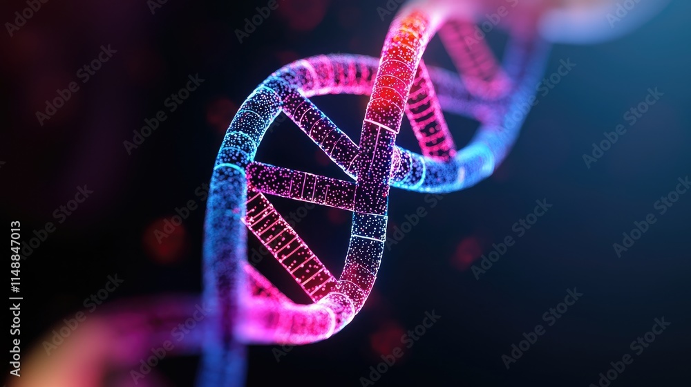 Poster intricate and colorful 3d representation of dna helix with illuminated strands against a dark backgr