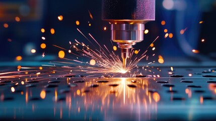 Close-Up of Laser Cutting Metal Sheet with Sparks and High Precision Technology in Industrial Workshop Environment