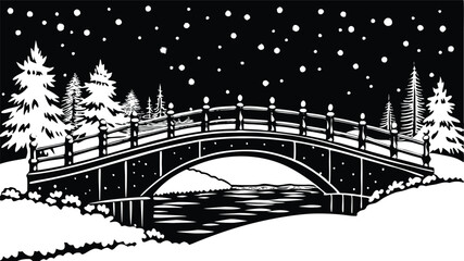 Snow-Covered Bridge with Christmas Lights