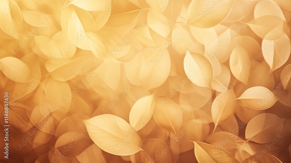 Poster soft and warm background of golden leaves with blurred effect creating a cozy and inviting atmospher