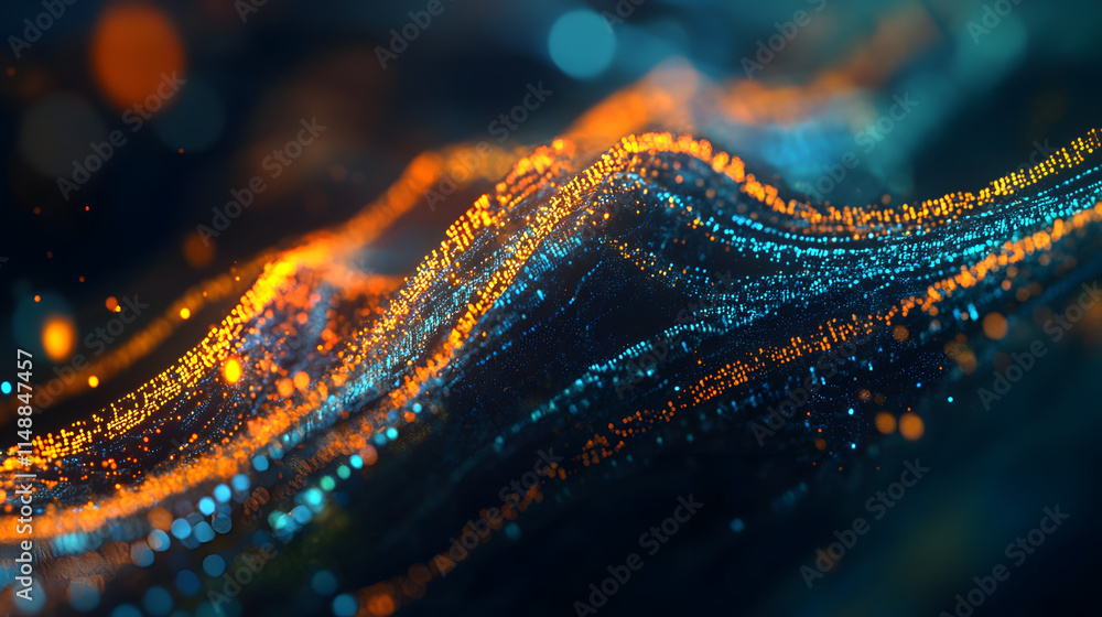 Poster abstract background with glowing particles forming a wave-like pattern. orange and blue hues create 