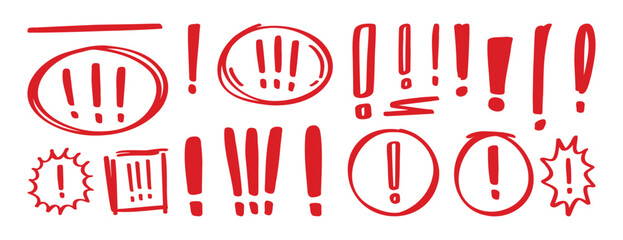 Exclamation mark doodle hand drawn icon set. Attention sign clipart symbol. Hazard warning drawing