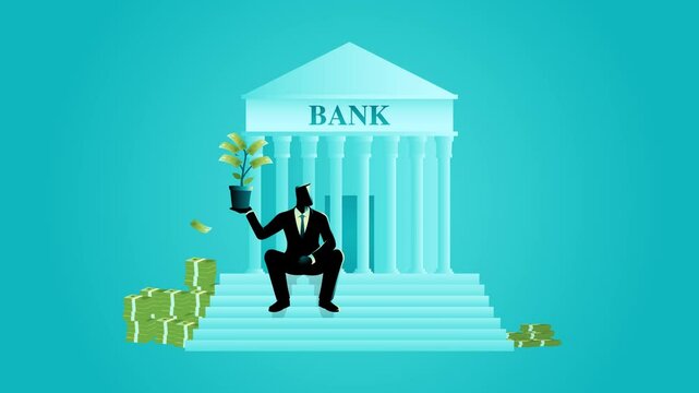 Businessman sitting on the steps of a bank holding money plant, surrounded by banknotes. Symbolizes success, financial stability, banking, banker, investment, finance, and wealth accumulation