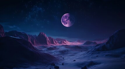Pink moon over a desolate, mountainous landscape at night.