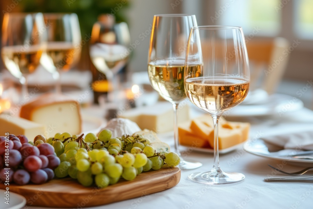 Aufkleber elegant table setting for a wine tasting event with gourmet cheese and fresh grapes in a cozy atmosp