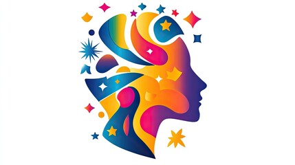 Colorful abstract representation of a human profile showcasing creativity, imagination, and artistic expression filled with vibrant shapes and elements
